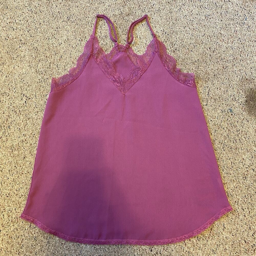 Y2K Camisole Blouse Tank Top Women L Fuchsia Lace Trim Adjustable Strap